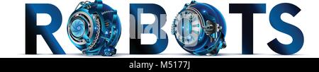 Das Wort oder das Logo Roboter mit mechanischen Buchstaben auf weißem Hintergrund im Stil des Cyberpunk. Die Buchstaben "O" im Stil der Details des cyberne Stock Vektor