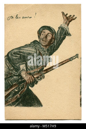 Alte französische Propaganda Postkarte: Ein Mann mit einem Gewehr, nach der er an die Front tapfer. Einstellung Poster. Weltkrieg 1914-1918, Frankreich, Entente. Stockfoto