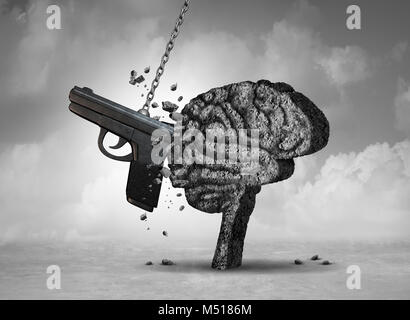 Gun Gewalt und psychischen Gesundheit Konzept als psychiatrische Gehirnstörung Risiko mit 3D-Illustration Elemente. Stockfoto