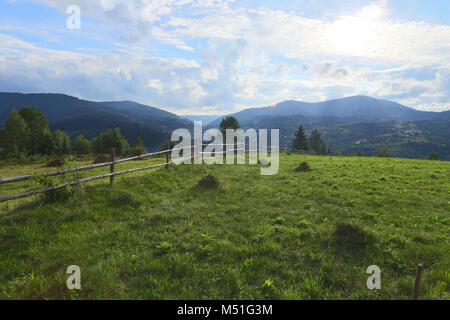 Die Berge, Glanz, Tag, Vertex, Morgen, wunderbar, Reise, Straße, Zaun, Heu, Baum, Fichte, Wald Stockfoto