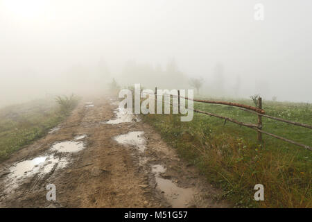 Nebel, Nebel, geheimnisvolle Morgen, Vertex, Straße, Regen, nach dem Regen, Feuchtigkeit, Pfützen, Zaun, Wiese, Blumen, Berge, Siedlung, Dorf Stockfoto