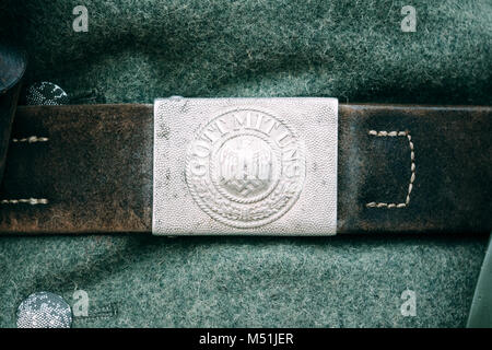Schnalle Riemen der Nazis während des Zweiten Weltkriegs mit dem "Gott mit uns" (Gott mit uns) Inschrift. Wiederaufbau Stockfoto