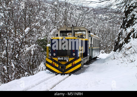 Hybrid Lok im Schnee. Personenzug, Bergbahnen. Ungarische Waldbahn im Winter. 02-18-2018 Stockfoto