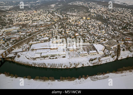 Luftaufnahme, Blick auf Herdecke mit Ruhr Aue, im Schnee und Winter, Herdecke, Ruhrgebiet, Nordrhein-Westfalen, Deutschland, Europa, Herdecke, Ruhrgebiet Stockfoto