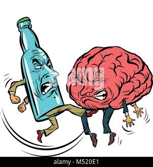 Alkoholismus zerstört das Gehirn, betrunken. Kampf Flasche Wodka Stock Vektor