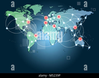 Globale Vernetzung Symbol internationaler Kommunikation mit einer Weltkarte Konzept mit Technik die verbindet Communities mithilfe von Computern und anderen Stockfoto