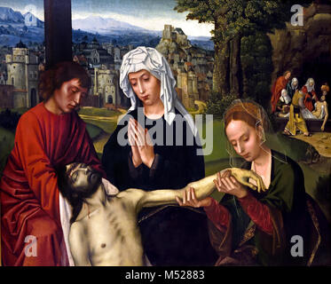 Pietà, die am Fuß des Kreuzes (Fragment), Ambrosius Benson C1530 16., Jahrhundert, Italienisch, Italien, Belgien, Belgien, Flämische, (St John, empfangen von den toten Leib des Christus, die Jungfrau Maria in der Mitte und Maria Magdalena küssen den Wunden des Erlösers. ) Stockfoto