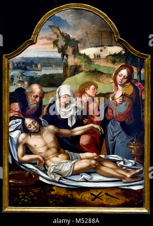 Pietà, die am Fuß des Kreuzes (Fragment), Ambrosius Benson C1530 16., Jahrhundert, Italienisch, Italien, Belgien, Belgien, Flämische, (St John, empfangen von den toten Leib des Christus, die Jungfrau Maria in der Mitte und Maria Magdalena küssen den Wunden des Erlösers. ) Stockfoto