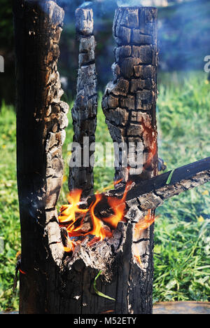 schwelende Baumstamm in der Mitte ausgebrannt Stockfoto