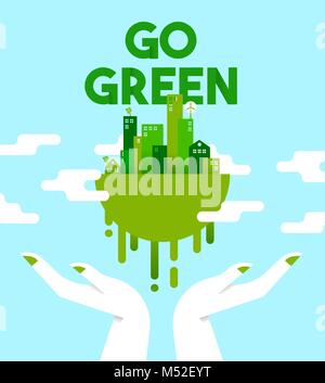 Grünes Konzept Illustration, menschliche Hände, die der Planet Erde mit Häuser und Türme im flachen Stil für Umweltschutz. EPS 10 Vektor. Stock Vektor