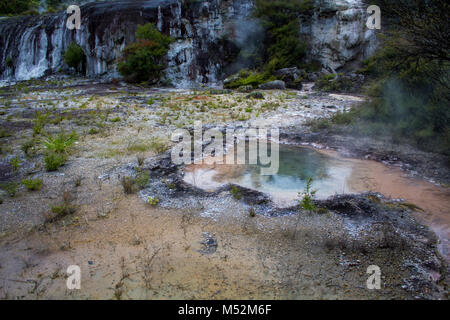 Geothermische heiße Quellen und Dampf aus bunten Hot Pools, Orakei Korako Park, Neuseeland Stockfoto