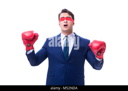 Rechtsanwalt mit Augenbinde Boxhandschuh isoliert auf weißem Stockfoto