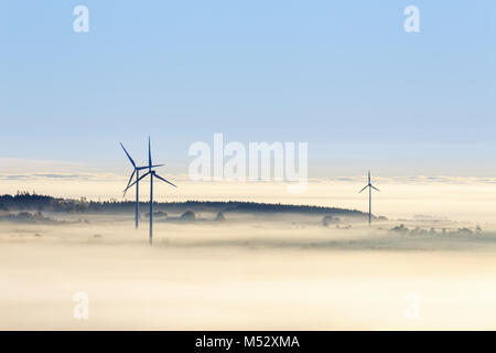 Windenergieanlagen im Morgennebel Stockfoto