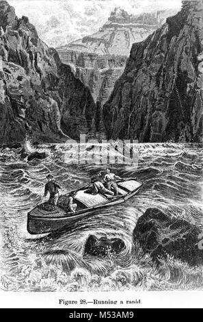"Eine schnelle "Gravur von ARTIST R.A. MULLER ZU ILLUSTRIEREN DIE ZWEITE POWELL EXPEDITION DURCH DEN GRAND CANYON. CIRCA 1873 Grand Canyon Nat Park historische Fluss Foto. Stockfoto