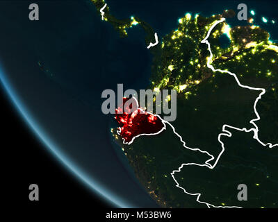 Satellitenansicht von Ecuador in rot markiert auf dem Planeten Erde bei Nacht mit Grenzen und die Lichter der Stadt. 3D-Darstellung. Elemente dieses Bild furnis Stockfoto