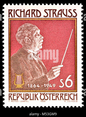Österreichische Briefmarke (1989): Richard Strauss (1864-1949), deutscher Komponist der späten Romantik und frühen Moderne Epochen. Stockfoto