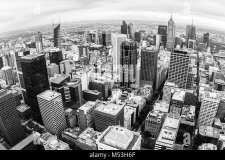 Luftaufnahme von Melbourne, Australien aus dem Rialto Tower. Fisheye Bild. Stockfoto