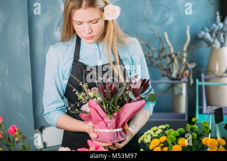 Junge Floristen displasing Blüten auf blauem Hintergrund Stockfoto