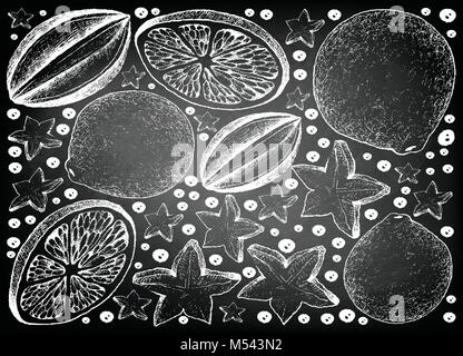 Tropische Früchte, Illustration Wallpaper von Hand gezeichnete Skizze Frische reife Karambolen oder Starfruits auf schiefertafel Hintergrund Stock Vektor