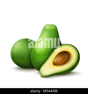 Vektor realistische frisches Obst avocado auf weißem Hintergrund. Ganze und halbe Avocado mit Pit Schnitt Stock Vektor
