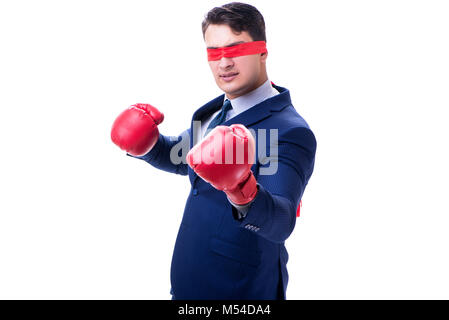 Rechtsanwalt mit Augenbinde Boxhandschuh isoliert auf weißem Stockfoto