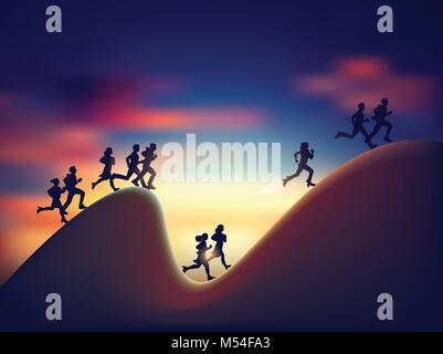 Das aktive Geschäft Leute laufen auf Karte Silhouette und Sonnenaufgang. Stock Vektor
