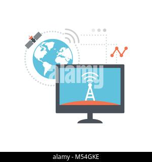 Video Broadcasting online auf einem Computer und Globus mit Satelliten-, Kommunikations- und streaming Konzept Stock Vektor