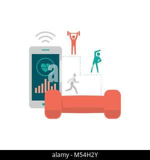 Fitness Programm auf einem Smartphone und Kurzhanteln: Sport und Gewichtsabnahme Konzept Stock Vektor