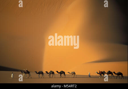 Algerien. In der Nähe von Djanet. Sahara. Männer von Tuareg Stamm und camel Caravan. Sanddünen. Stockfoto
