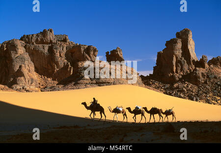 Algerien. In der Nähe von Djanet. Sahara. Männer von Tuareg Stamm und camel Caravan. Sanddünen. Silhouette. Stockfoto