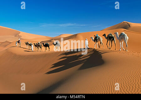 Algerien. In der Nähe von Djanet. Sahara. Männer von Tuareg Stamm und camel Caravan. Dünen und Sand Meer. Stockfoto