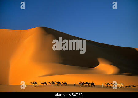 Algerien. In der Nähe von Djanet. Sahara. Männer von Tuareg Stamm und camel Caravan. Dünen und Sand Meer. Stockfoto