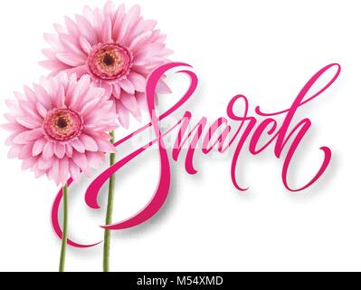 Happy Tag der Frauen am 8. März. Design moderner hand Kalligraphie mit Blume. Vector Illustration Stock Vektor