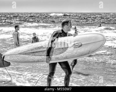 Ein Mann in Neoprenanzüge mit einem Surfbrett an einem sonnigen Tag am Strand Stockfoto