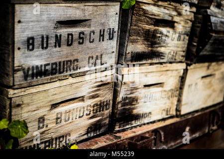 Weinkisten bei Gundlach Bundschu Winery, Sonoma, Kalifornien Stockfoto