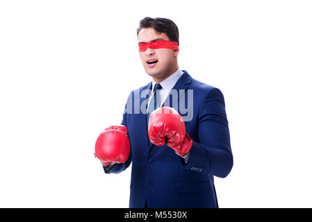 Rechtsanwalt mit Augenbinde Boxhandschuh isoliert auf weißem Stockfoto