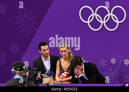 Pyeongchang, Südkorea. vom 20. Februar 2018, Südkorea, Tainan: Olympics, Eiskunstlauf, Eis tanzen frei, Gangneung Ice Arena: Madison Hubbell und Zachary Donohue aus den USA in ihre Ergebnisse reagieren. Foto: Peter Kneffel/dpa Quelle: dpa Picture alliance/Alamy leben Nachrichten Stockfoto