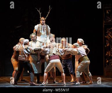 Cardiff, Wales. 19 Feb, 2018. Welsh National Opera präsentiert Don Giovanni. Masetto Gareth Brynmor John Credit: Thomas Bowles/Alamy leben Nachrichten Stockfoto