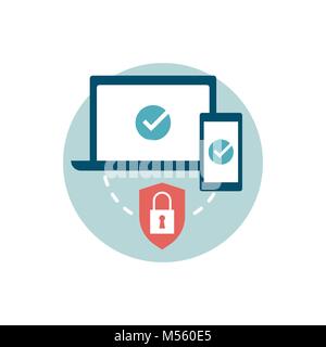 Alle ihre Geräte mit einem antivirus Schutz und ein System scannen, Internet Security Icon ausführen Stock Vektor