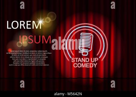 Stand up Comedy mit neon Mikrofon unterzeichnen und roten Vorhang Kulisse. Comedy Night Stand up Show oder Karaoke Party. Vector Illustration Stock Vektor