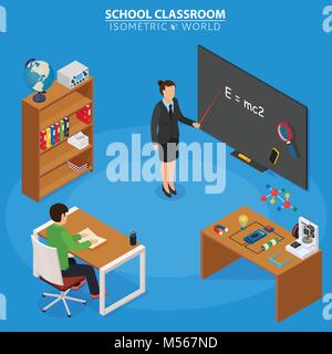Schule Bildung isometrische Designkonzept mit Lehrer an der Tafel und Schüler im Klassenzimmer Stock Vektor