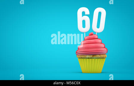 Nummer 60 Geburtstag Feier Cupcake. 3D-Rendering Stockfoto