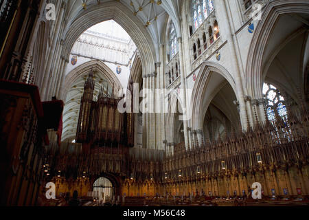 Interieur, York Minster: der Chor und die Orgel, die sich unter der zentralen Turm Stockfoto