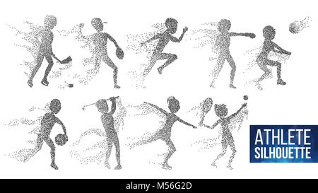 Athlet Silhouette Set Vektor. Sport Dynamic Player in Aktion. Gepunktete Partikel. Sport Banner, Spiel, Event Konzept. Isolierte Abbildung Stock Vektor