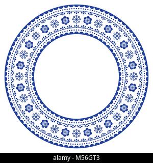 Skandinavische runde ornamentalen Rahmen, Vektor Volkskunst Design, florale Komposition in Blau Stock Vektor
