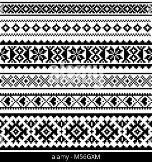 Sami Vektor nahtlose Muster, Lappland, traditionelle Volkskunst Stricken und Sticken Schwarzweiß-Design Stock Vektor