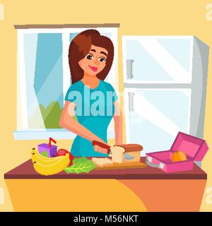 Lunch Box Vektor. Frau, die schmackhafte vegetarische Mittagessen. Gesundes Essen. Mutter Frühstück machen für Ihre Kinder. Flache Cartoon Illustration Stock Vektor
