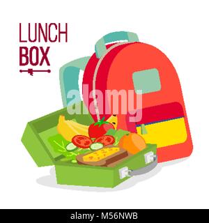 Lunch Box und Tasche Vektor. Schulranzen mit gesunden Lebensmitteln für Kinder. Isolierte flache Cartoon Illustration Stock Vektor