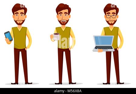 Business Mann mit Bart, Cartoon Character Set. Junge gut aussehender Geschäftsmann in Smart Casual Kleidung mit Laptop, Smartphone und mit heißen Getränk. Ve Stock Vektor