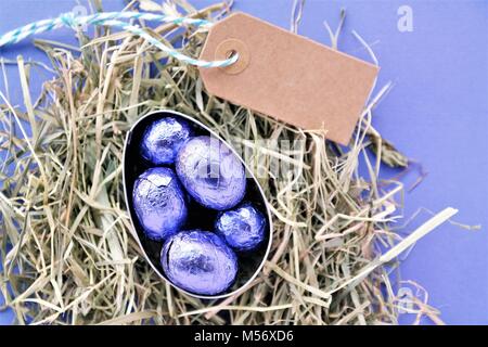 Eine Reihe von glänzenden Ostern Schokolade Eier, in Lila farbige Folie umwickelt. Kreative Ostern Konzept mit einem Nest aus Heu. Und ein kleines Papier Nachricht card wi Stockfoto